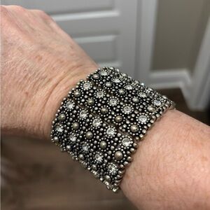 Intricate Silver Beaded/rhinestone stretch Bracelet